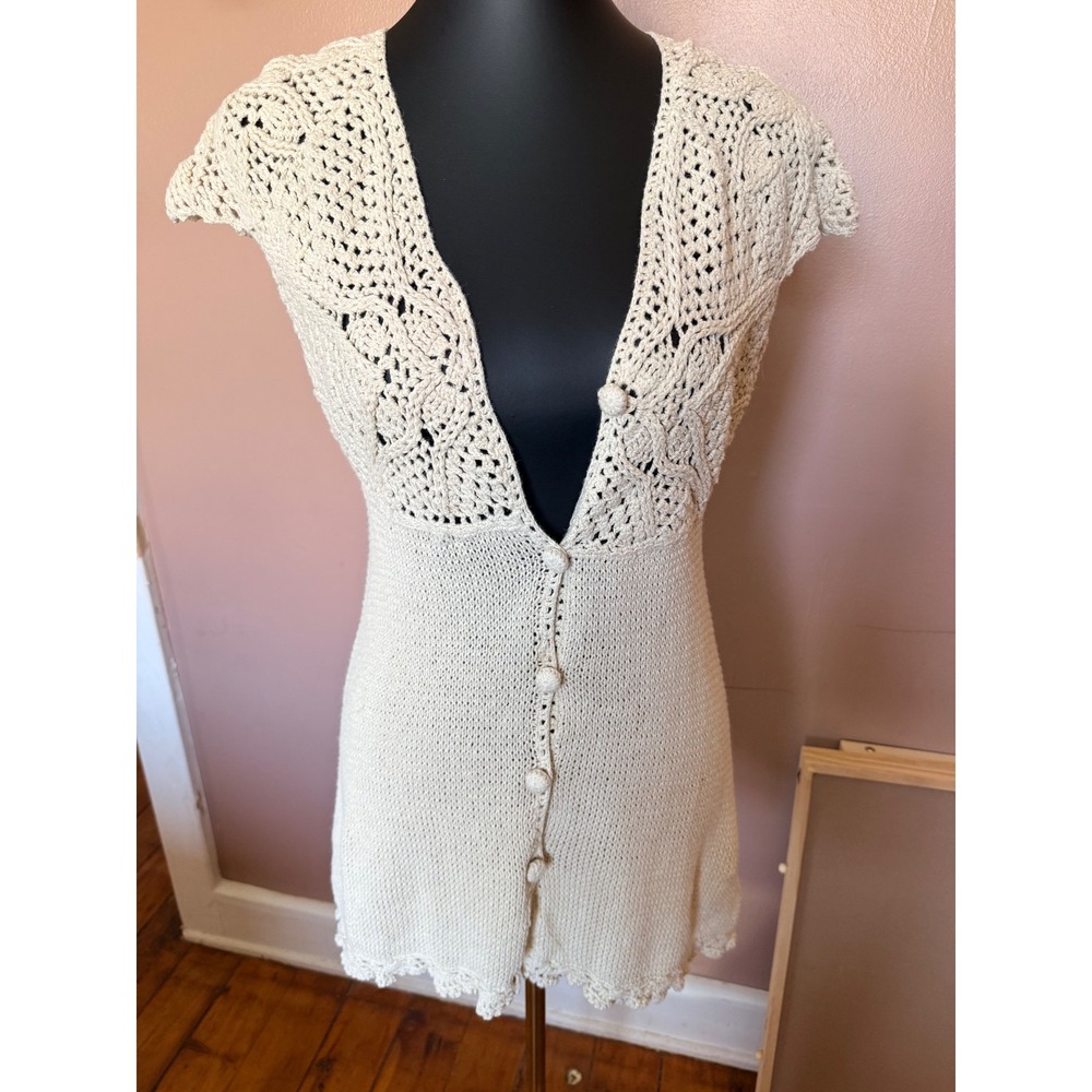 Sigrid Olsen Small Cream Crochet Cardigan Top Cap Sleeve Ramie Cotton Boho - Picture 8 of 11